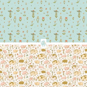 May include: A seamless pattern featuring a light blue background with a repeating pattern of white flowers, green leaves, and pink flowers. The bottom half of the pattern features a white background with a repeating pattern of pink, brown, and yellow pigs.
