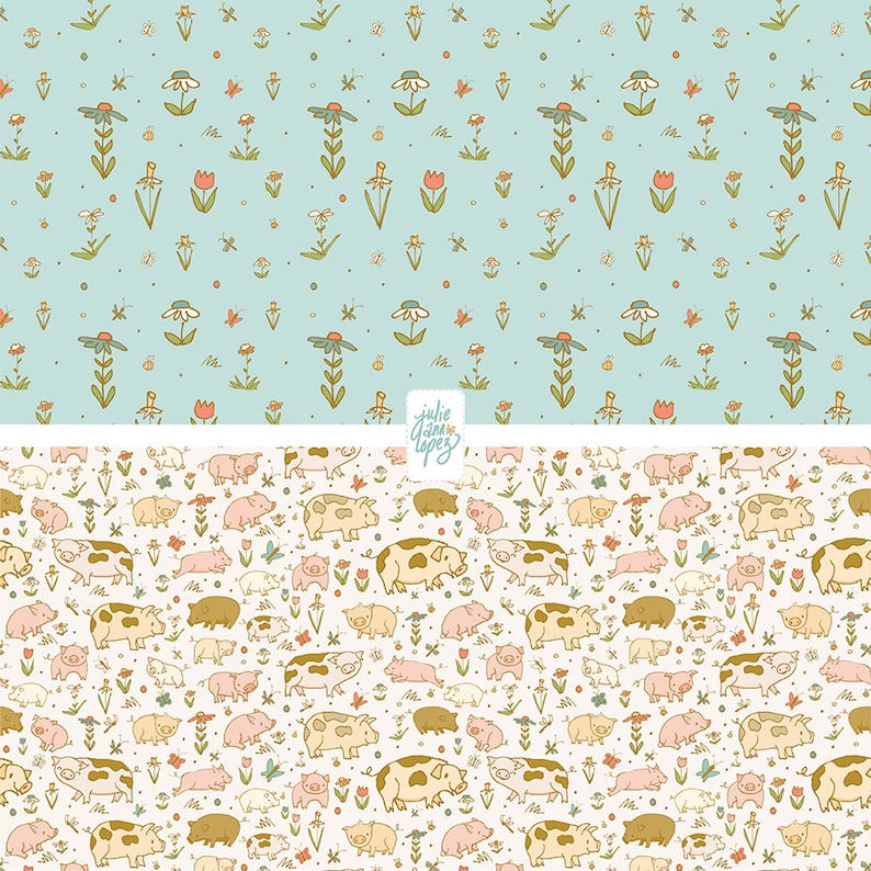 May include: A seamless pattern featuring a light blue background with a repeating pattern of white flowers, green leaves, and pink flowers. The bottom half of the pattern features a white background with a repeating pattern of pink, brown, and yellow pigs.