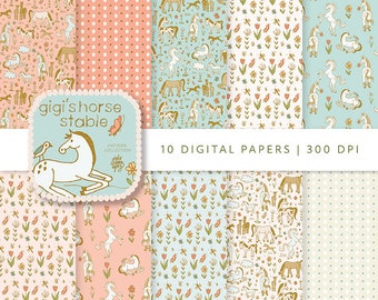 Horse Digital Paper: Gigi&#39;s Horses, Farm Floral Backgrounds (Digital Download)
