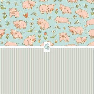 May include: A seamless pattern featuring pink pigs with curly tails on a light blue background. The pattern includes small flowers, butterflies, and bees. The text "julie jane lopez" is in a white box at the bottom of the image. The bottom half of the image is a light blue and pink striped pattern.