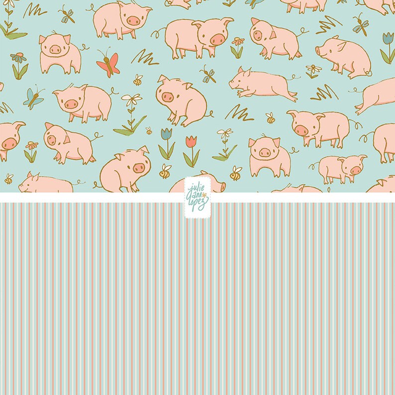 May include: A seamless pattern featuring pink pigs with curly tails on a light blue background. The pattern includes small flowers, butterflies, and bees. The text "julie jane lopez" is in a white box at the bottom of the image. The bottom half of the image is a light blue and pink striped pattern.