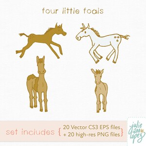 May include: Four cartoon illustrations of foals in various poses. The foals are drawn in a simple, hand-drawn style with brown and white outlines. The text "four little foals" is written above the illustrations. The text "set includes { 20 Vector CS3 EPS files + 20 high-res PNG files }" is written below the illustrations.