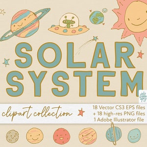 Solar System Clipart, Print-your-own, digital download, space exploration, graphic design, card-making, cute rockets