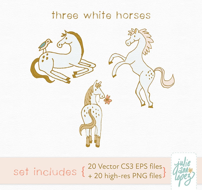 May include: Three white horses with brown outlines and spots. The horses are in different poses: one is lying down, one is standing on its hind legs, and one is standing with its head turned to the side. The text "three white horses" is at the top of the image. The text "set includes { 20 Vector CS3 EPS files + 20 high-res PNG files }" is at the bottom of the image.