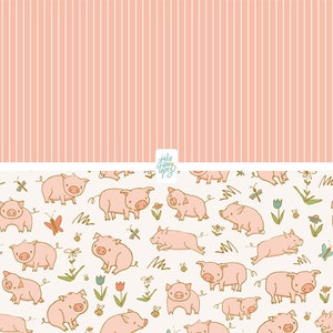 May include: A seamless pattern featuring pink pigs with curled tails, flowers, butterflies, and dragonflies on a white background. The pattern is framed by a pink and white striped border with the text "julie jane lopez" in the center.