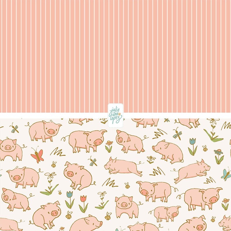 May include: A seamless pattern featuring pink pigs with curled tails, flowers, butterflies, and dragonflies on a white background. The pattern is framed by a pink and white striped border with the text "julie jane lopez" in the center.