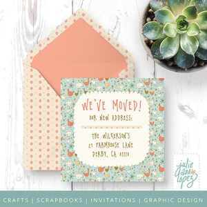 May include: A light blue card with a white border and a chicken pattern. The card says "We've Moved!" and includes a new address: "The Wilkerson's, 27 Farmhouse Lane, Derby, CA 01110".