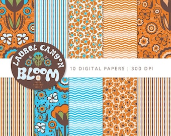 1970s Florales Digitales Papier Set: Retro Scrapbook Muster (Digitaler Download 30x30cm)
