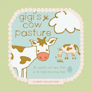K&ouml;nnte beinhalten: Eine digitale Clipart-Sammlung mit dem Titel "gigi's cow pasture" mit Illustrationen von K&uuml;hen, einer Wolke und einer Libelle. Das Design enth&auml;lt den Text "16 Vektor-cs3-eps-Dateien + 16 hochaufl&ouml;sende PNG-Dateien" und "CLIPART COLLECTION."