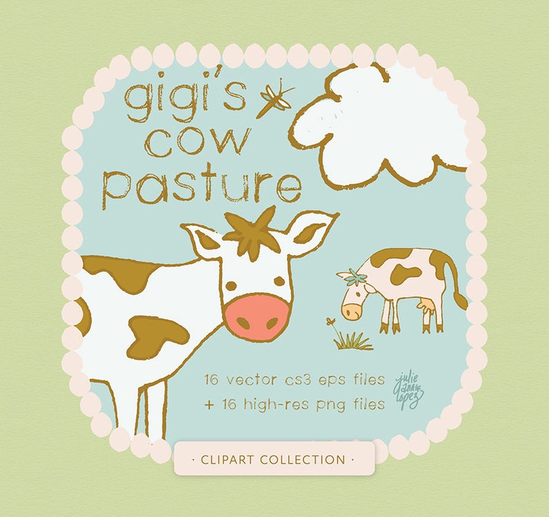 K&ouml;nnte beinhalten: Eine digitale Clipart-Sammlung mit dem Titel "gigi's cow pasture" mit Illustrationen von K&uuml;hen, einer Wolke und einer Libelle. Das Design enth&auml;lt den Text "16 Vektor-cs3-eps-Dateien + 16 hochaufl&ouml;sende PNG-Dateien" und "CLIPART COLLECTION."