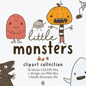 Imágenes Prediseñadas de Little Monsters, impresión propia, descarga digital, calabaza, fantasmas, creación de tarjetas de Halloween, álbum de recortes