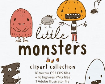 Kleine Monster Clipart, Druck-your-own, digitaler Download, Kürbis, Gespenster, Halloween-Karten-Herstellung, Scrapbook