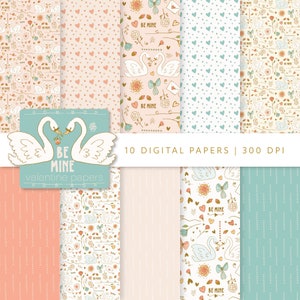 Valentine&#39;s Day printable papers, hearts digital download paper in 12x12 inches, background, floral papers, scrapbook, swans,