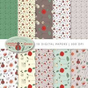 Ladybug Garden Digital Paper: Floral Scrapbook Backgrounds (Digital Download)