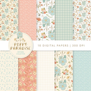 Poppy Paradise printable papers, flower digital download paper in 12x12 inches, botanical background, spring floral papers, English Garden