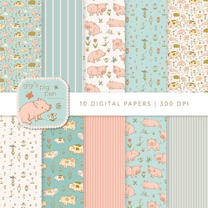 Gigi&#39;s Pigs: Country farmhouse printable papers, digital download paper in 12x12 inches, farm background, floral papers, scrapbook, planner