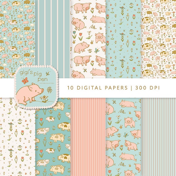 Country farmhouse printable papers, pig digital download paper in 12x12 inches, farm background, floral papers, scrapbook, planner