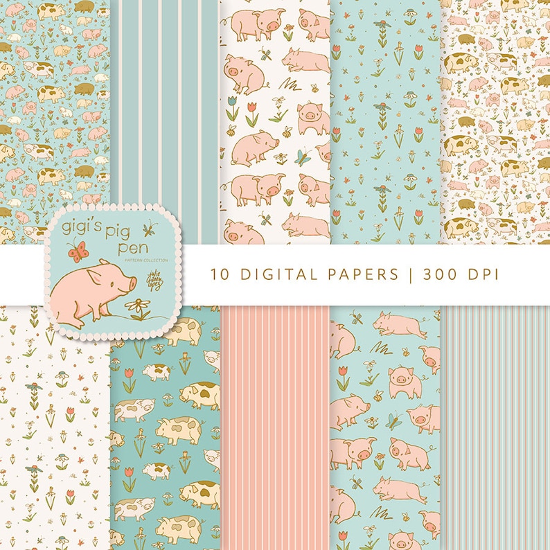 May include: A set of 10 digital papers featuring cute pig illustrations in various patterns. The patterns include pink and blue stripes, floral designs, and pigs with different expressions. The papers are 300 DPI and perfect for crafting projects.