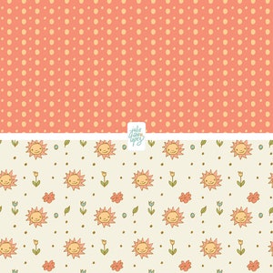 May include: A seamless pattern featuring a repeating design of smiling suns with yellow faces and orange rays, surrounded by small green leaves, blue flowers, and brown dots on a cream background. The top half of the image features a solid orange background with small yellow dots.