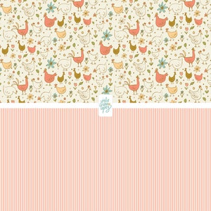 May include: A seamless pattern featuring a repeating design of chickens and flowers on a light yellow background. The pattern is divided in half horizontally, with the top half featuring the chicken and flower design and the bottom half featuring a pink and white striped pattern. The text "julie jane lopez" is centered in the middle of the image.