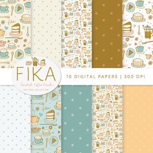 May include: A set of 10 digital papers featuring a cute, hand-drawn pattern of coffee cups, cake slices, and other coffee break elements. The papers are in a variety of colours, including blue, green, yellow, and brown. The text "FIKA - Swedish Coffee Break - Pattern Collection" is included in the image.