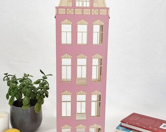 Puppenhaus Pastel handbemalt, Amsterdam Architecture, Interior Home Decor, Canal House Grachtenpand, rostig rosa, goldene Rose