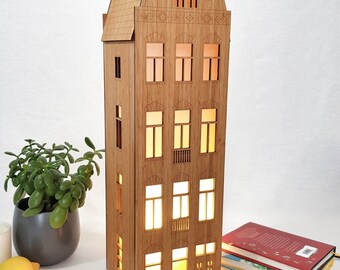 Architektonische Bambuslampe, Inneneinrichtung, Amsterdamer Kanalhaus Grachtenpand, handgefertigtes Geschenk, einzigartiges Design