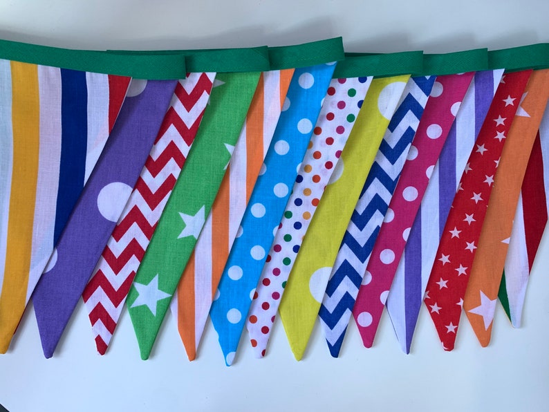 Colourful Rainbow Fabric Bunting Hotch-Potch Celebration Bunting Green tape