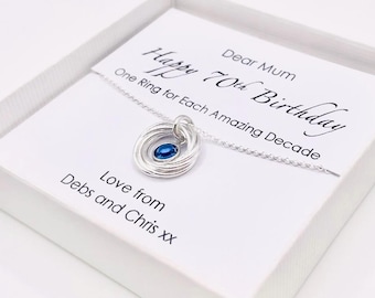70th Birthday Necklace: Sterling Silver Interlocking Rings, Crystal Birthstone