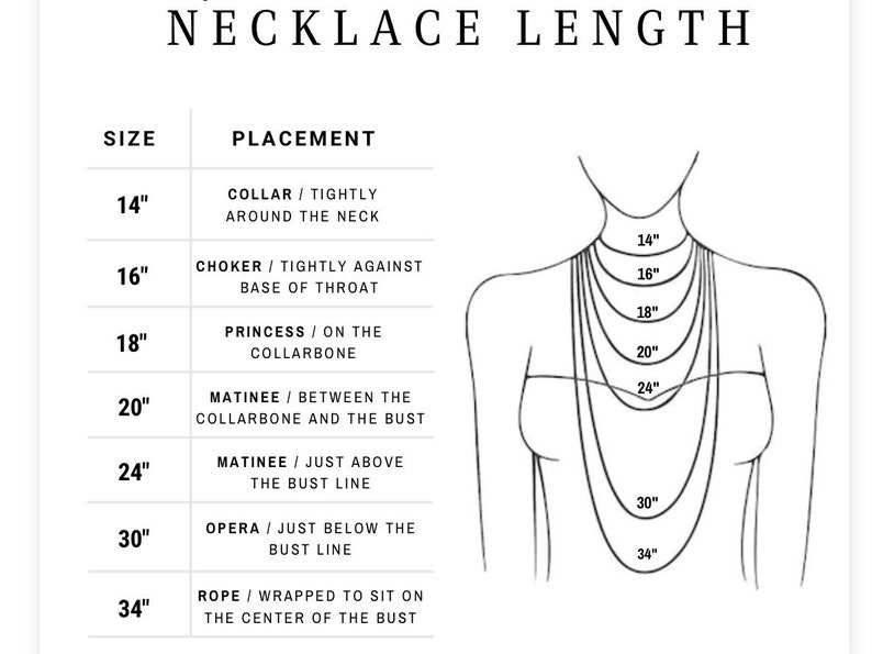 May include: A diagram showing different necklace lengths and their placement on the body. The lengths are 14 inches, 16 inches, 18 inches, 20 inches, 24 inches, 30 inches, and 34 inches. The placement descriptions include collar, choker, princess, matinee, opera, and rope.