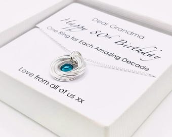 80th Birthday Necklace with Link Rings and Crystal Birthstone,80th Gift For Women,Grandma 80th Birthday Gift,Personalised 80th Birthday Gift