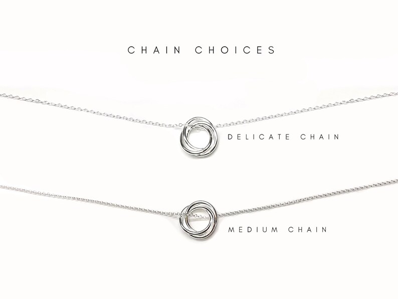 May include: Two silver necklaces with a circle pendant. The top necklace is labeled "Delicate Chain" and the bottom necklace is labeled "Medium Chain".