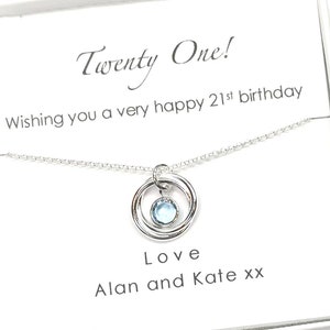 21st Birthday Necklace with Interlinked Rings and Crystal Birthstone Charm, 21st for Daughter, 21st for Goddaughter, 21st for Granddaughter