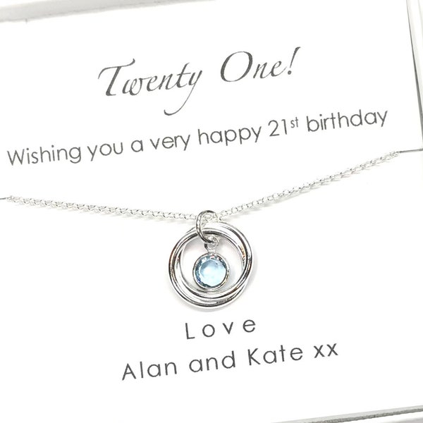 21st Birthday Necklace with Interlinked Rings and Crystal Birthstone Charm, 21st for Daughter, 21st for Goddaughter, 21st for Granddaughter