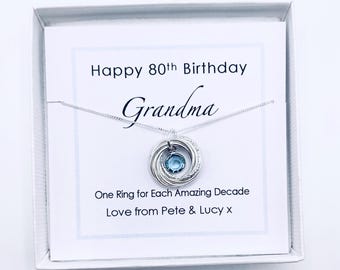 80th Birthday Necklace: Sterling Silver Rings, Crystal Birthstone