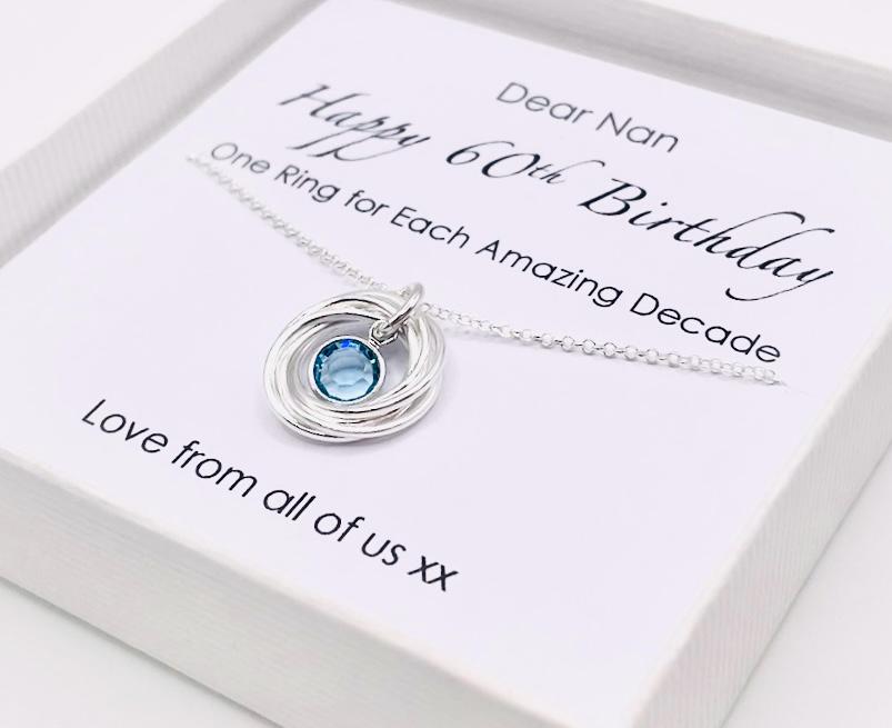 60th Birthday Necklace: Sterling Silver Rings Birthstone Charm