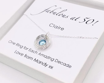 50th Birthday Necklace: Sterling Silver Rings & Crystal Birthstone