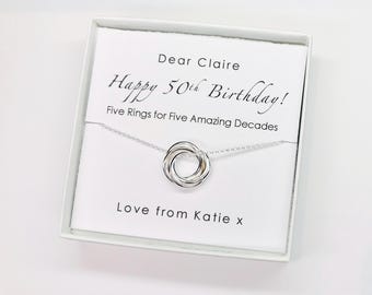 50th Birthday Sterling Silver Interlinking Rings Necklace, 50th Birthday Gift for Women, Personalised Gift