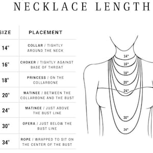 May include: A diagram showing different necklace lengths and their placement on the body. The lengths are 14 inches, 16 inches, 18 inches, 20 inches, 24 inches, 30 inches, and 34 inches. The placement descriptions include collar, choker, princess, matinee, opera, and rope.