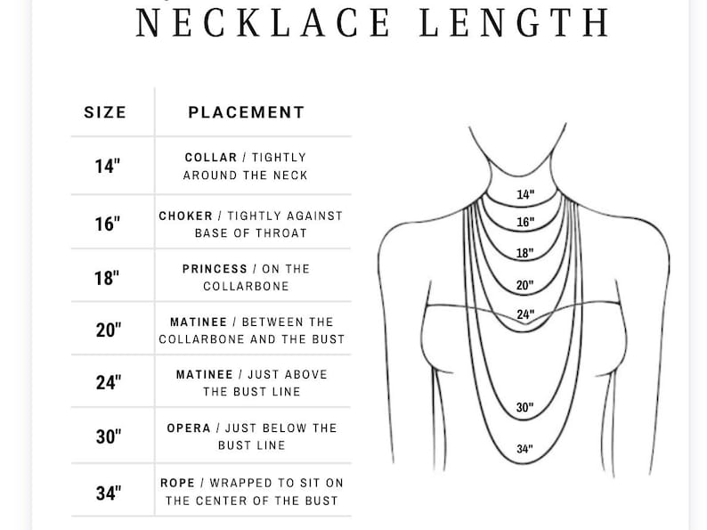 May include: A diagram showing different necklace lengths and their placement on the body. The lengths are 14 inches, 16 inches, 18 inches, 20 inches, 24 inches, 30 inches, and 34 inches. The placement descriptions include collar, choker, princess, matinee, opera, and rope.