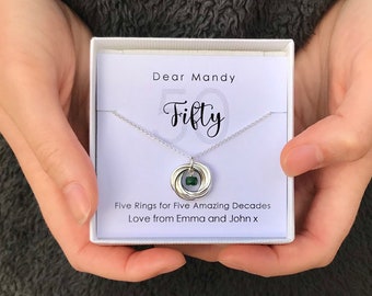 50th Birthday Necklace with Interlinked Rings and Faceted Birthstone Charm, 50th Gift For Her, Personalised 50th Gift, Gift for Best Friend