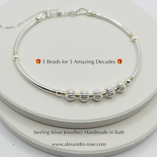 50th Birthday Gift Idea for Women, Sterling Silver 5 Bead Bracelet, 50th Gift for Best Friend, 50th for Daughter, 50th Gift for Wife