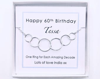 60th Birthday Silver Link Ring Necklace, Handmade Personalised 60th Birthday Gift for Women, 60 Gift for Wife, Nanna 60th Gift, Grandma 60th