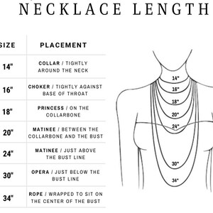 May include: A diagram showing different necklace lengths and their placement on the body. The lengths are 14 inches, 16 inches, 18 inches, 20 inches, 24 inches, 30 inches, and 34 inches. The placement descriptions include collar, choker, princess, matinee, opera, and rope.
