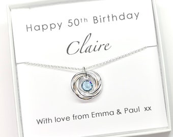 50th Birthday Necklace with Interlinked Rings and Crystal Birthstone Chram, 50th Gift For Her, Personalised 50th Gift, Gift for Best Friend
