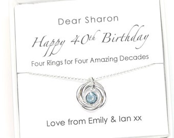 40th Birthday Necklace with Interlinked Rings and Crystal Birthstone Charm, 40th Gift For Her, Personalised 40th Gift, Gift for Best Friend