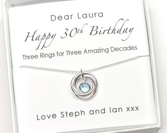 30th Birthday Necklace with Interlinked Rings and Crystal Birthstone Charm, 30th Gift For Her, Personalised 30th Gift, Gift for Best Friend