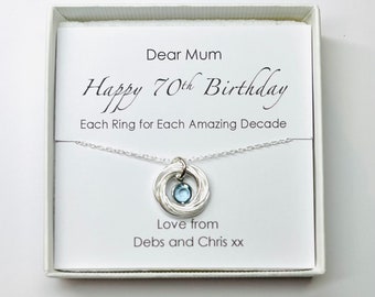 70th Birthday Necklace with Link Rings and Crystal Birthstone,70th Gift For Women,Grandma 70th Birthday Gift,Personalised 70th Birthday Gift