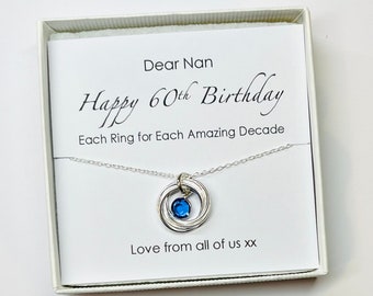 60th Birthday Necklace with Link Rings and Crystal Birthstone,60th Gift For Women,Grandma 60th Birthday Gift,Personalised 60th Birthday Gift