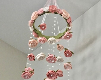 Floral baby girl mobile Baby Girl Vintage PLUSH Rose And Pearls FLORAL MOBILE For Ceiling Hanging Decor